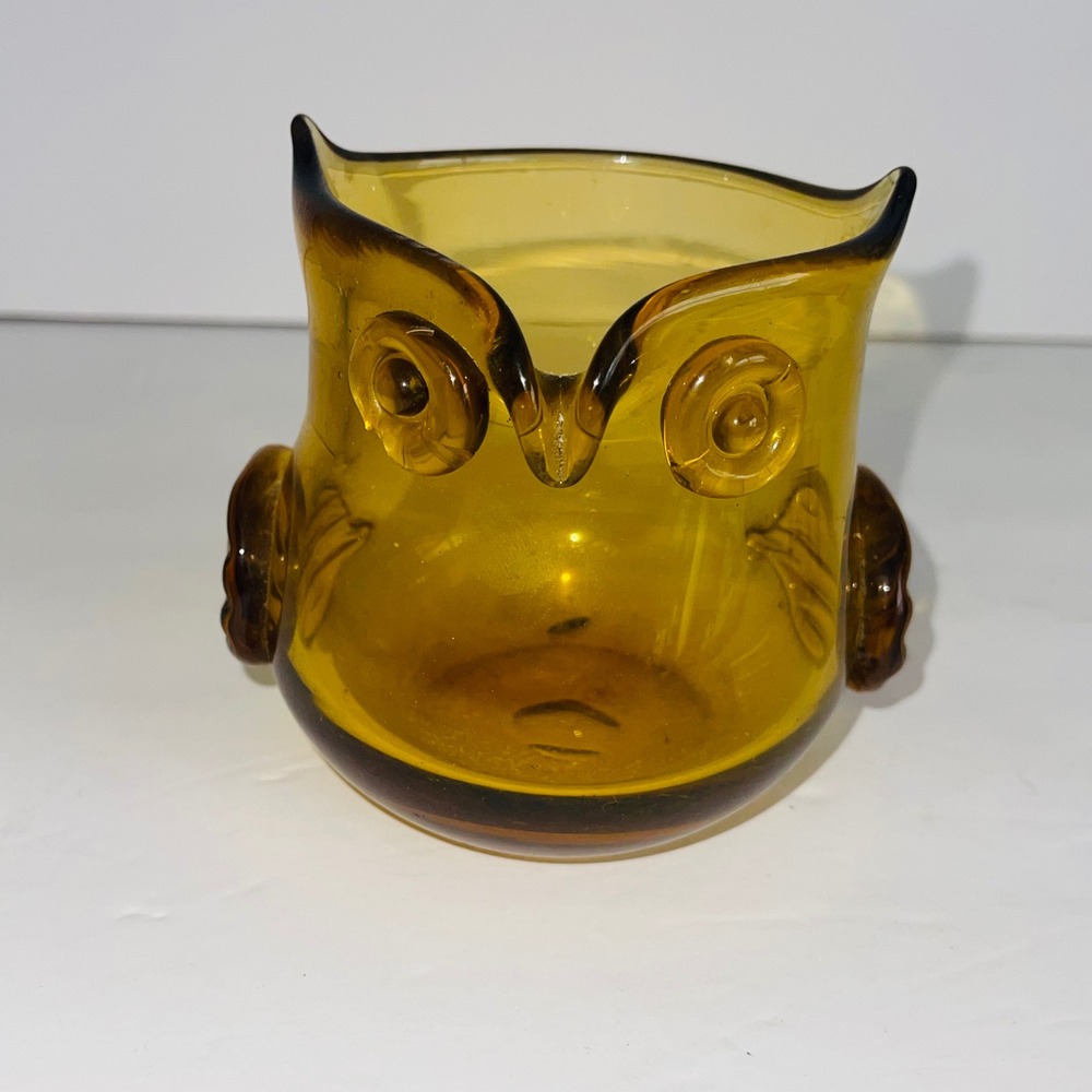 Vintage Amber Hand Blown Art Glass Owl Figurine Mid Century Modern 4.25in